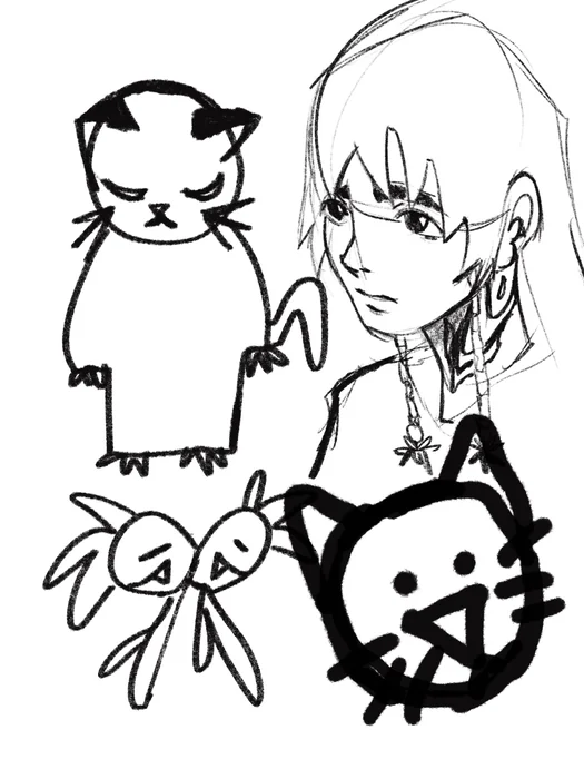 Ilustración a tinta: gatos y un personaje de perfil, trazo suelto en blanco y negro