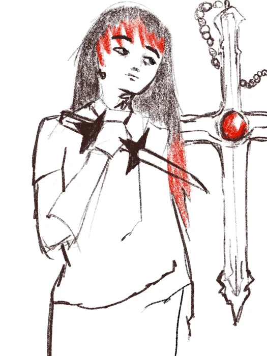 Ilustración de un personaje de pelo rojo junto a una cruz con una gema