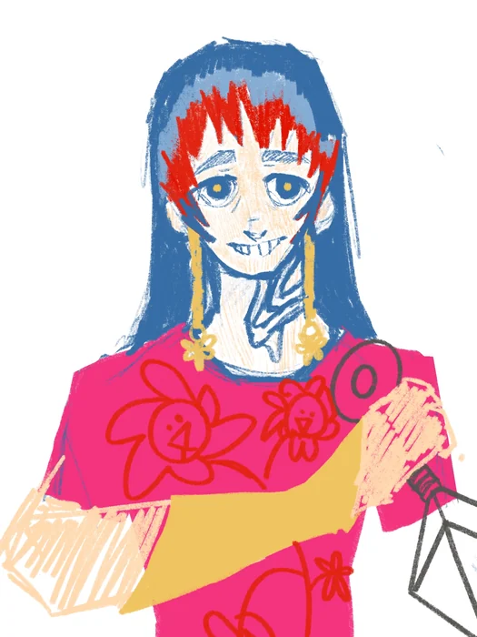 Retrato a color de un personaje de pelo azul y rojo con aros dorados